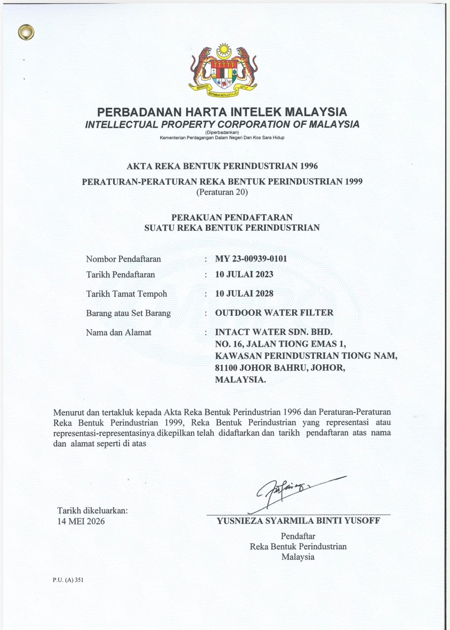 Malaysian industrial design registration certificate MY 23-00940-0101 for the Intact Water outdoor water filter