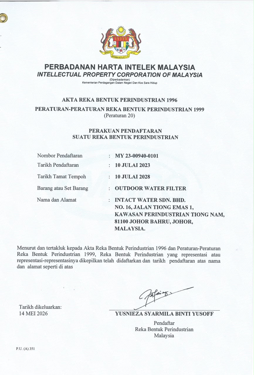 Malaysian industrial design registration certificate MY 23-00939-0101 for the Intact Water outdoor water filter